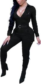 img 4 attached to Women's Bodycon Jumpsuits - V Neck, Long Sleeve, High Waist, Slim Fit, Long Romper with Pockets and Belt