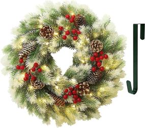 img 4 attached to 🎄 Juegoal 16 Inch Pre-Lit Christmas Wreath: Mountain Fir Pine Needle with 40 Warm White LED Lights - Indoor/Outdoor X-Max Decorations