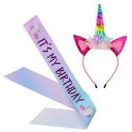 🦄 rainbow unicorn birthday set: beinou shiny unicorn headband and birthday sash set - ideal unicorn theme party supplies логотип