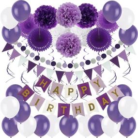 img 3 attached to 🎉 ZERODECO Purple Lavender White Birthday Decoration Set with Balloon, Banner, Paper Fans, Pom Poms, and Swirl - Perfect for Birthday Party Decorations!
