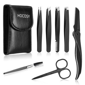 img 4 attached to 💇 HOCOSY 7 in 1 Eyebrow Tweezers Set: Premium Eyebrow Kit with Scissors, Razor, Brush, and Travel Case - Perfect Precision for Ingrown Hair Removal