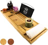 xce bath caddy tray: expandable 70cm to 102cm, with removeable fabric book stand - natural logo