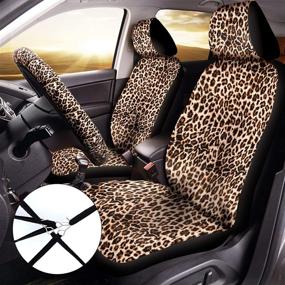 img 3 attached to 🐆 Full Set of 13 Leopard Print Car Seat Covers for Optimal Style and Protection: Includes Steering Wheel Cover, Car Coasters, Armrest Pad Cover, Seat Belt Pads, and Keychain Wrist Holder - Ideal Leopard Car Accessories Set