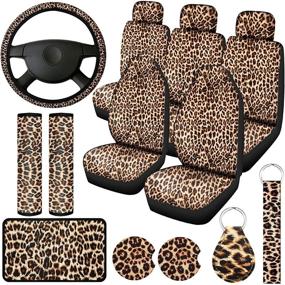 img 4 attached to 🐆 Full Set of 13 Leopard Print Car Seat Covers for Optimal Style and Protection: Includes Steering Wheel Cover, Car Coasters, Armrest Pad Cover, Seat Belt Pads, and Keychain Wrist Holder - Ideal Leopard Car Accessories Set