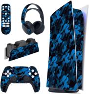 🎮 vibrant black blue camo full skin decal set for ps5 console digital edition - vinyl sticker decal cover for ps5 controller, charging station, headset, media remote логотип