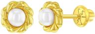 timeless 14k yellow gold young girl's cultured pearl 👧 braided bezel screw back earrings - delicate studs for children logo