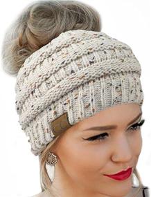 img 1 attached to 🧶 FENGGE Messy Bun Hat: Quality Knit, Soft Stretch, Winter Warmth, Cable Knit, Fuzzy Lined Ear Warmer