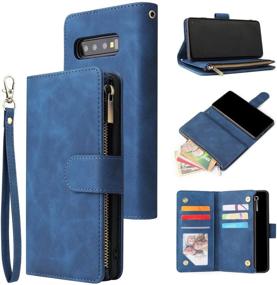 img 4 attached to 📱 UEEBAI Samsung Galaxy S9 Wallet Case - Stylish Vintage PU Leather Handbag Zipper Pocket Case with Card Slots, Kickstand, and Wrist Strap - Blue