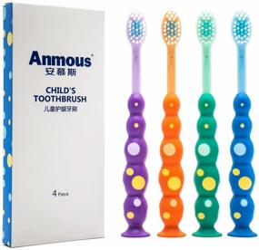 img 4 attached to 🦷 Anmous Kids Toothbrush 4 Pack - Extra Soft Bristle Toddler Toothbrush (Age 2+), Fun Storage with Suction Cup - Child Sized Brush Heads for Boys & Girls Set (Blue, Green, Orange, Purple)