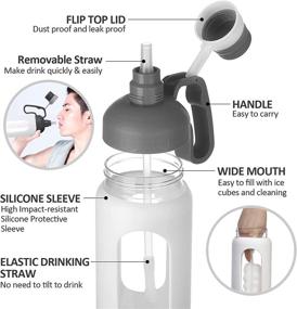 img 2 attached to Motivational 42oz Glass Water Bottle with Silicone Sleeves and Handle, Wide Mouth Straw Bottle for Gym, Work, Outdoor Activities - Leakproof, BPA Free - Khaki