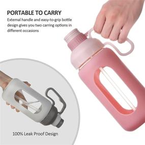 img 1 attached to Motivational 42oz Glass Water Bottle with Silicone Sleeves and Handle, Wide Mouth Straw Bottle for Gym, Work, Outdoor Activities - Leakproof, BPA Free - Khaki