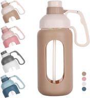 motivational 42oz glass water bottle with silicone sleeves and handle, wide mouth straw bottle for gym, work, outdoor activities - leakproof, bpa free - khaki logo