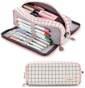 img 4 attached to 📚 ANGOOBABY Large Pencil Case: Spacious 3-Compartment Canvas Pouch for School Students - Pink Strip Black Grid Design