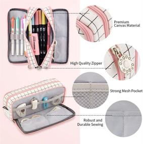 img 3 attached to 📚 ANGOOBABY Large Pencil Case: Spacious 3-Compartment Canvas Pouch for School Students - Pink Strip Black Grid Design