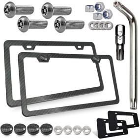 img 4 attached to 🔒 Black Aluminum Carbon Fiber License Plate Frame with Anti-Theft Screws - 2 Pack Slim Universal Front Rear Cover, Stainless Steel Security Mounting Fasteners with Caps