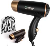 compact travel hair dryer dual voltage with ul 859 certification, folding handle, 1200w lightweight design for worldwide use at gym or home, 2 speed/heat settings, carry bag included (black & gold) logo