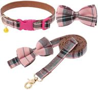 plaid bow tie dog collar and leash set - adjustable and cute collars for puppies, cats, and small to medium dogs, with removable bowtie and gold bell logo