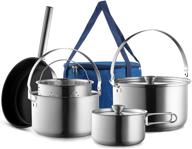 304 stainless steel camping cookware set - 8-piece pots & pans open fire cooking kit with non-stick frying pan steamer, travel tote bag included - compact for outdoor & indoor kitchen, family campfire, hiking, and rv logo
