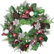 🎄 christmas red green white wreath with led lights and pinecones for front door logo