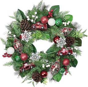 img 4 attached to 🎄 Christmas Red Green White Wreath with LED Lights and Pinecones for Front Door