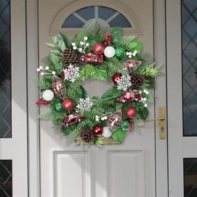 img 3 attached to 🎄 Christmas Red Green White Wreath with LED Lights and Pinecones for Front Door