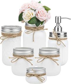 img 3 attached to Tebery 6 Pack White Painted Mason Jar Bathroom Accessories Set: Rustic Farmhouse Décor for Bathroom Countertop Vanity Organization