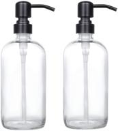 set of 2 clear glass pint jar soap dispensers with matte black stainless steel pump - 16 oz clear boston round bottles dispenser for essential oil, lotion and soap - rustproof pump logo