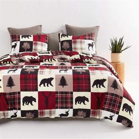 img 2 attached to 🐻 Wake In Cloud - Rustic Patchwork Comforter Set, Christmas Lodge Red and Black Bedding Woodland Wildlife Bear Moose Elk Pine Trees Pattern Printed, Queen Size Soft Microfiber Bedding (3pcs)