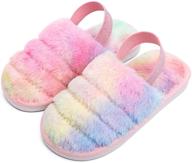 👣 kids cozy furry slippers - open toe indoor house shoes for boys and girls - faux fur slides with strap - little kids slip-on footwear logo