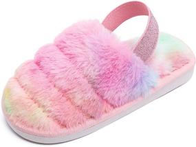 img 1 attached to 👣 Kids Cozy Furry Slippers - Open Toe Indoor House Shoes for Boys and Girls - Faux Fur Slides with Strap - Little Kids Slip-on Footwear