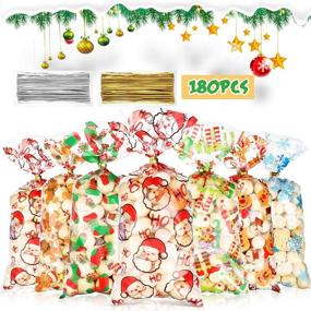 img 2 attached to 🎅 Blulu 180 Pieces Christmas Party Bags with 6 Patterns - Xmas Santa Cellophane Plastic Candy Bags for Holiday Christmas Winter Party, Including 200 Twist Ties in Gold and Silver
