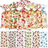 🎅 blulu 180 pieces christmas party bags with 6 patterns - xmas santa cellophane plastic candy bags for holiday christmas winter party, including 200 twist ties in gold and silver logo