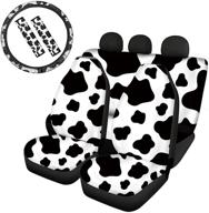 🐮 black and white cow print car accessories set - front rear seat covers, steering wheel cover, safety seatbelt pads, universal fit for trucks, suvs, sedans, vans - hugs idea logo