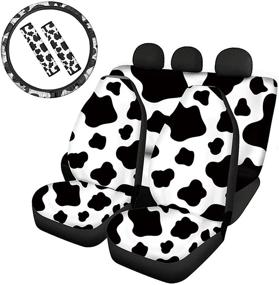img 4 attached to 🐮 Black and White Cow Print Car Accessories Set - Front Rear Seat Covers, Steering Wheel Cover, Safety Seatbelt Pads, Universal Fit for Trucks, SUVs, Sedans, Vans - Hugs Idea