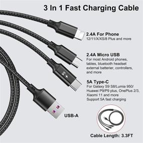 img 3 attached to 3Pack/3.3FT 3 in 1 Nylon Braided Multi Charging Cable with USB-C, Micro USB Port Connectors - 5A Fast Charge for Cell Phones, Android Devices and More