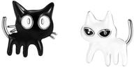 🐱 925 sterling silver enamel cats kitten earrings for women, girls, and teens - asymmetrical black white cat small studs, hypoallergenic animal jewelry, lovely gift for pet lovers logo