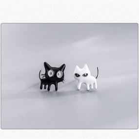 img 1 attached to 🐱 925 Sterling Silver Enamel Cats Kitten Earrings for Women, Girls, and Teens - Asymmetrical Black White Cat Small Studs, Hypoallergenic Animal Jewelry, Lovely Gift for Pet Lovers