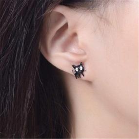 img 3 attached to 🐱 925 Sterling Silver Enamel Cats Kitten Earrings for Women, Girls, and Teens - Asymmetrical Black White Cat Small Studs, Hypoallergenic Animal Jewelry, Lovely Gift for Pet Lovers