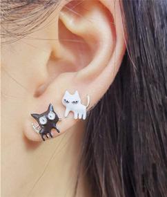 img 2 attached to 🐱 925 Sterling Silver Enamel Cats Kitten Earrings for Women, Girls, and Teens - Asymmetrical Black White Cat Small Studs, Hypoallergenic Animal Jewelry, Lovely Gift for Pet Lovers