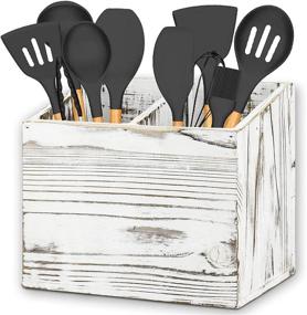 img 4 attached to 🍴 Rustic White Farmhouse Kitchen Utensil Caddy with 2 Compartments - Y&ME YM Wood Organizer Box for Cutlery Storage