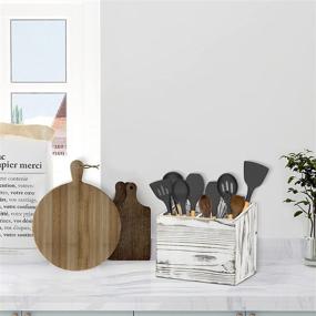 img 1 attached to 🍴 Rustic White Farmhouse Kitchen Utensil Caddy with 2 Compartments - Y&ME YM Wood Organizer Box for Cutlery Storage