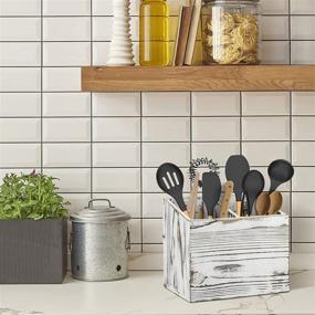 img 2 attached to 🍴 Rustic White Farmhouse Kitchen Utensil Caddy with 2 Compartments - Y&ME YM Wood Organizer Box for Cutlery Storage