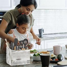 img 3 attached to 🍴 Rustic White Farmhouse Kitchen Utensil Caddy with 2 Compartments - Y&ME YM Wood Organizer Box for Cutlery Storage