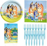 sunvio bluey birthday party supplies: theme decoration set, table cover, plates, forks, paper napkin for boys and girls guests logo