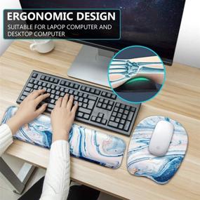 img 1 attached to Comfortable Keyboard Wrist Rest Mouse Pad with Memory Foam Support - Drak Blue Liquid Marble Design for Home Office and Gaming