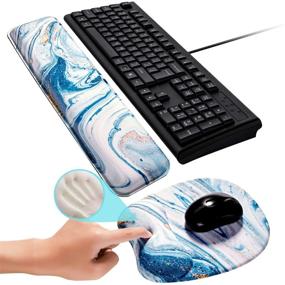 img 2 attached to Comfortable Keyboard Wrist Rest Mouse Pad with Memory Foam Support - Drak Blue Liquid Marble Design for Home Office and Gaming