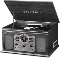 🎵 серый victrola ностальгический 6-в-1 bluetooth проигрыватель пластинок и мультимедийный центр - встроенные динамики, проигрыватель с тремя скоростями, cd и кассетный проигрыватель, am/fm радио, беспроводная передача музыки логотип
