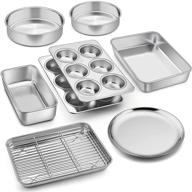quality 9-piece stainless steel bakeware set by p&p chef - includes toaster oven pan, cooling rack, 🔪 lasagna pan, round cake pans, muffin pan, loaf pan, and pizza pan - healthy, durable, and dishwasher safe logo