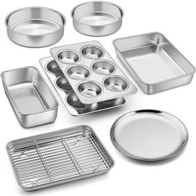 img 4 attached to Quality 9-Piece Stainless Steel Bakeware Set by P&P CHEF - Includes Toaster Oven Pan, Cooling Rack, 🔪 Lasagna Pan, Round Cake Pans, Muffin Pan, Loaf Pan, and Pizza Pan - Healthy, Durable, and Dishwasher Safe
