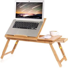 img 4 attached to 🎋 Стол для постели из бамбука с складными ножками, наклонной столешницей, выдвижным ящиком и слотом для планшета - подходит для ноутбука 15,6 дюйма - удобное хранение